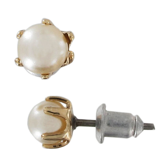 White Faux Pearl Gold Tone Prong Pierced Earrings Stud 5mm Small