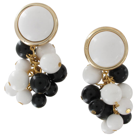Large White Black Beaded Cluster Gold Tone Pierced Earrings 2 1/4"