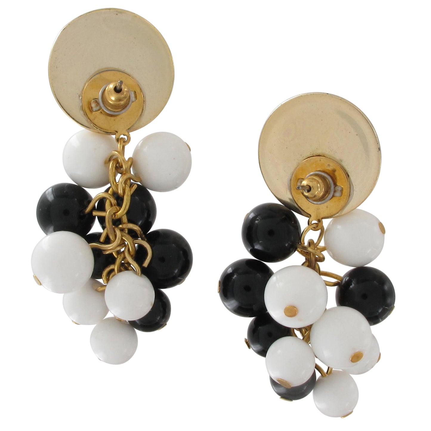 Large White Black Beaded Cluster Gold Tone Pierced Earrings 2 1/4"