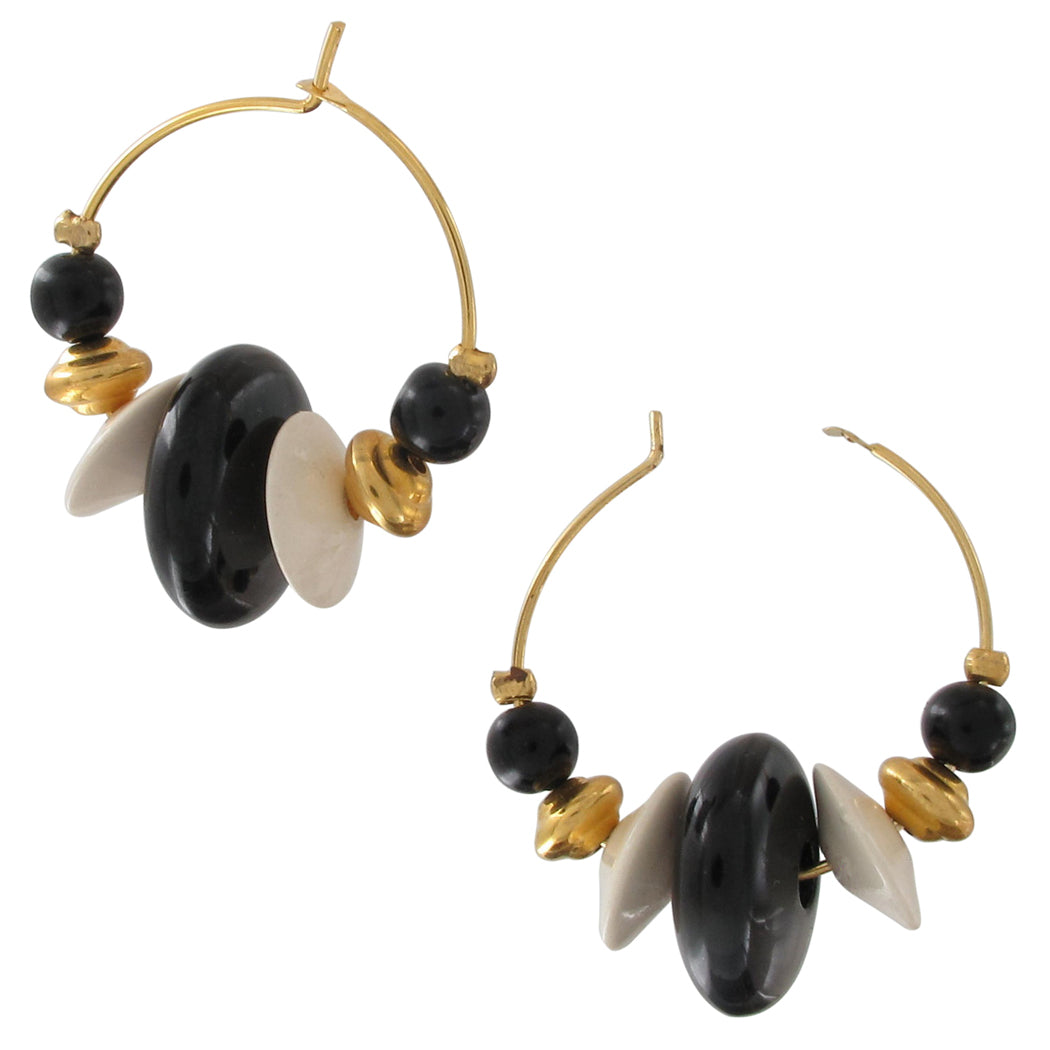 White Black Gold Flat Beaded Hoop Light Weight Gold Tone Pierced Earrings 1 1/4"