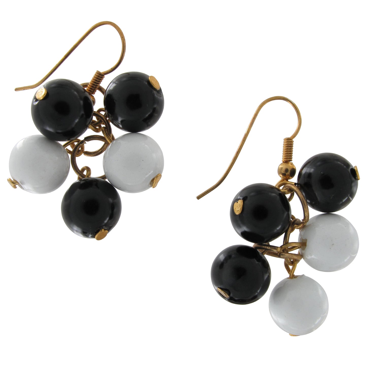 White Black Beaded Cluster Gold Tone Dangle Chandelier Pierced Earrings 2"