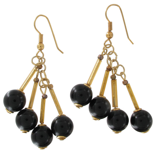 Black Beaded Cluster Gold Tone Pierced Earrings 2 1/4" Dangle