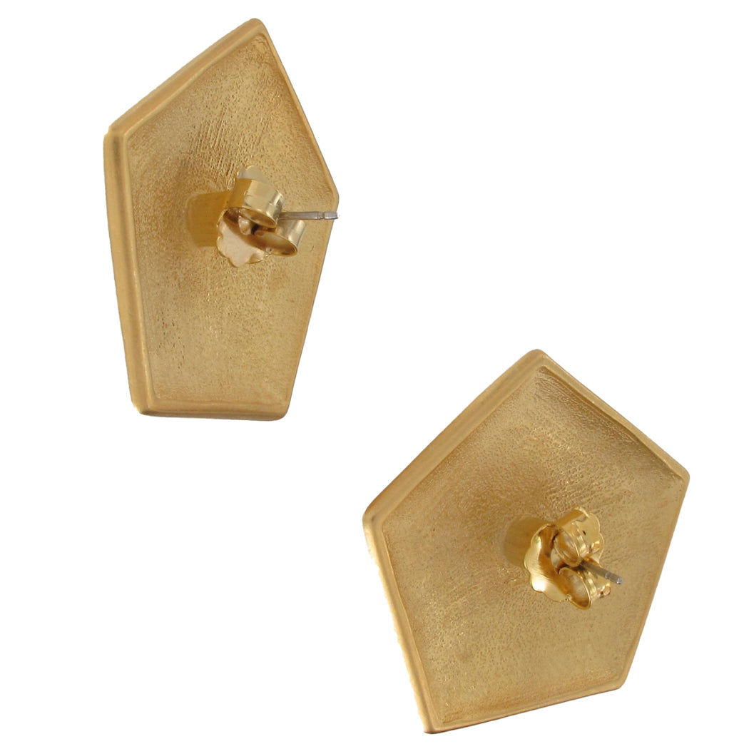 Large Gold Tone Gilt Pentagon Shape Button Earrings Pierced 1 1/2"