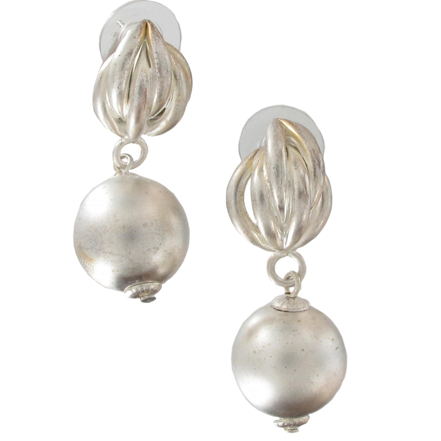 Silver Tone Distressed Gilt Earrings Bead Dangle - Basket Weave
