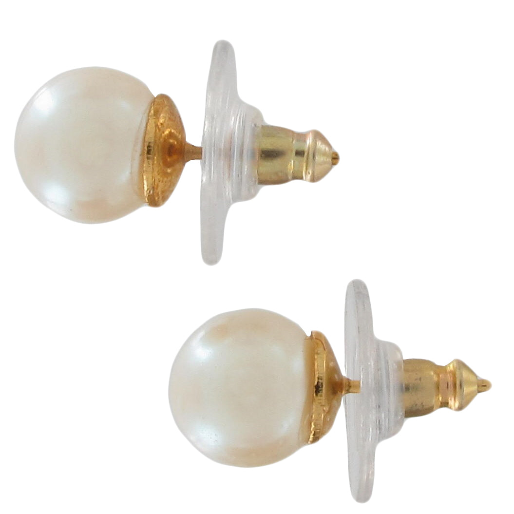 Classic Small Fluorescent White Faux Pearl Stud Earrings Pierced Gold Tone 8mm