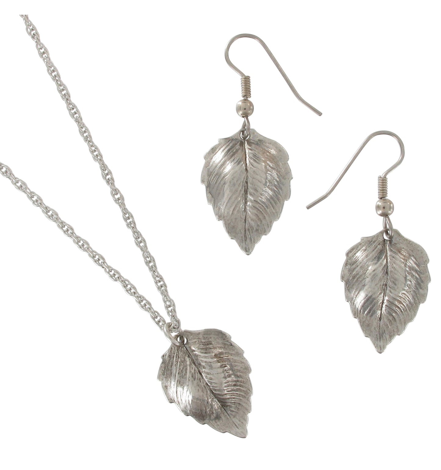 Ky & Co Silver Tone Leaf Dangle Pierced Earrings Pendant Necklace Jewelry Set