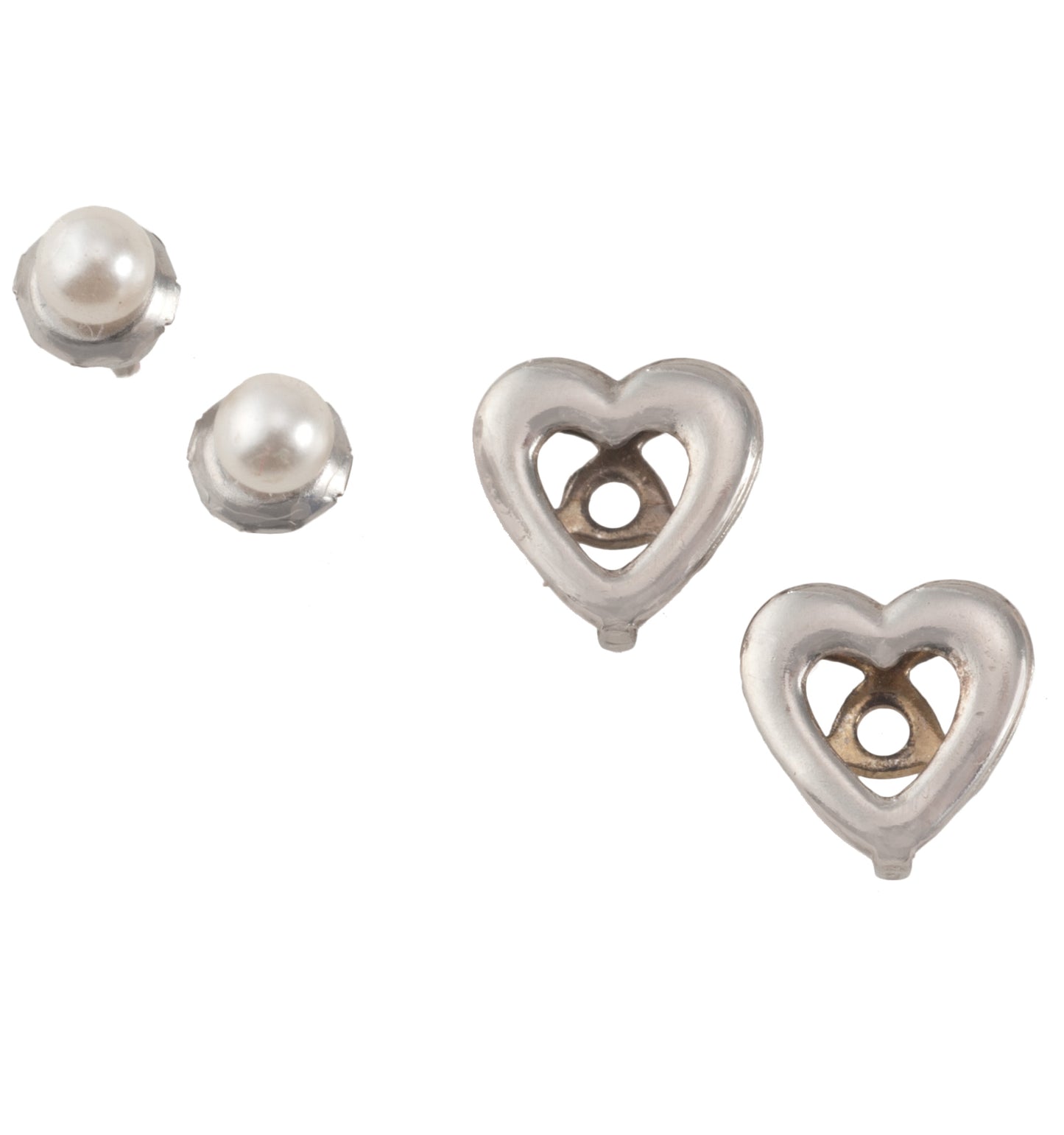 Silver Tone Heart Faux Pearl Stud Pierced Earrings