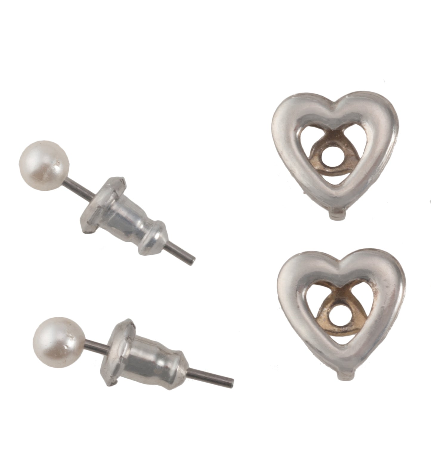 Silver Tone Heart Faux Pearl Stud Pierced Earrings