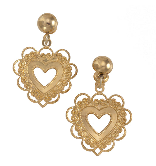 Open Filigree Heart Gold Tone  Dangle Chandelier Pierced Earrings Vintage