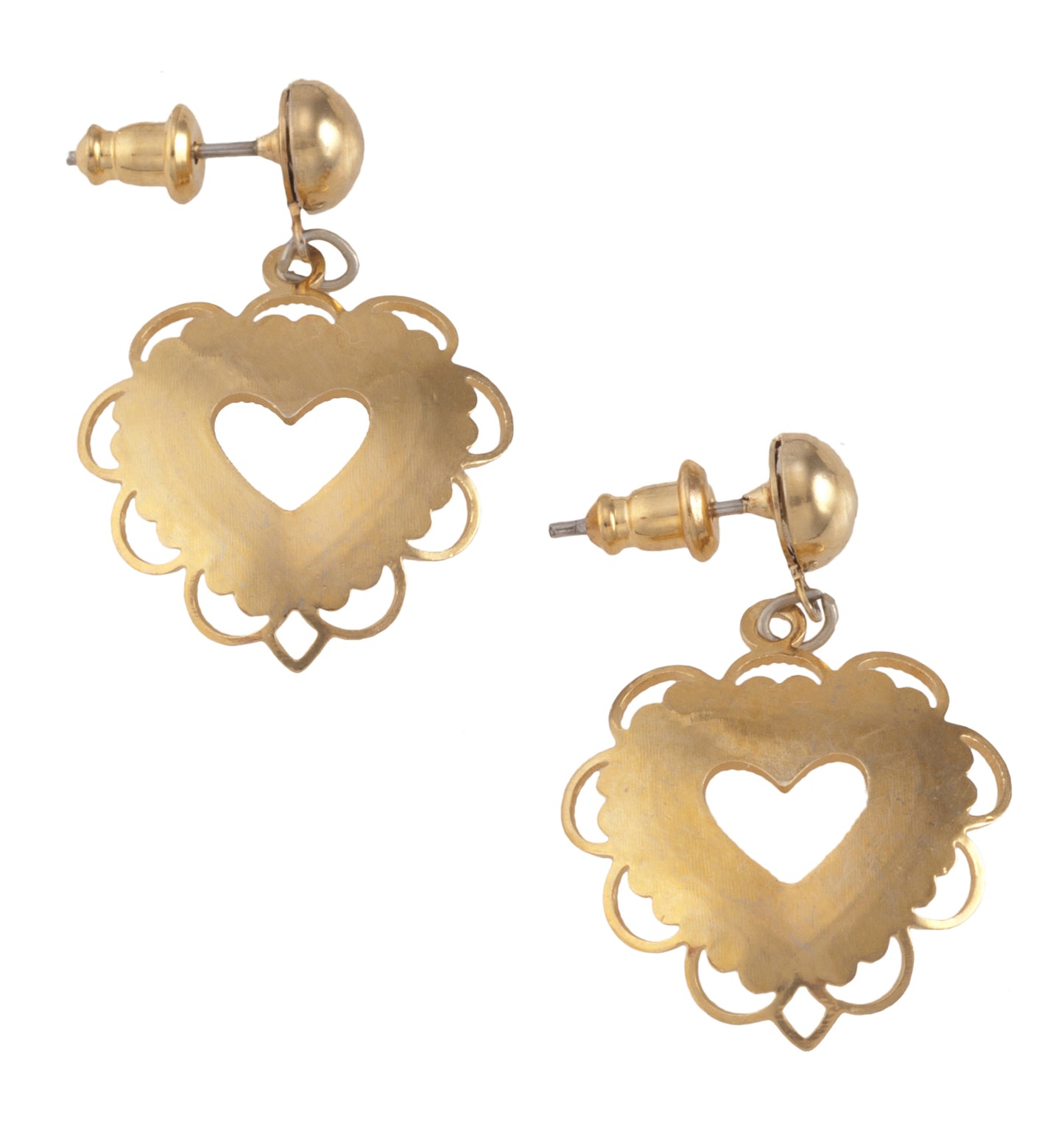 Open Filigree Heart Gold Tone  Dangle Chandelier Pierced Earrings Vintage