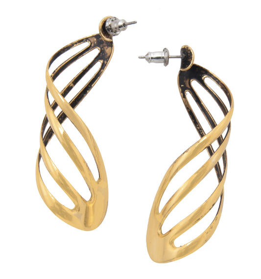 Antiqued Gold Tone Spiral Dangle Drop Pierced Earrings 2"