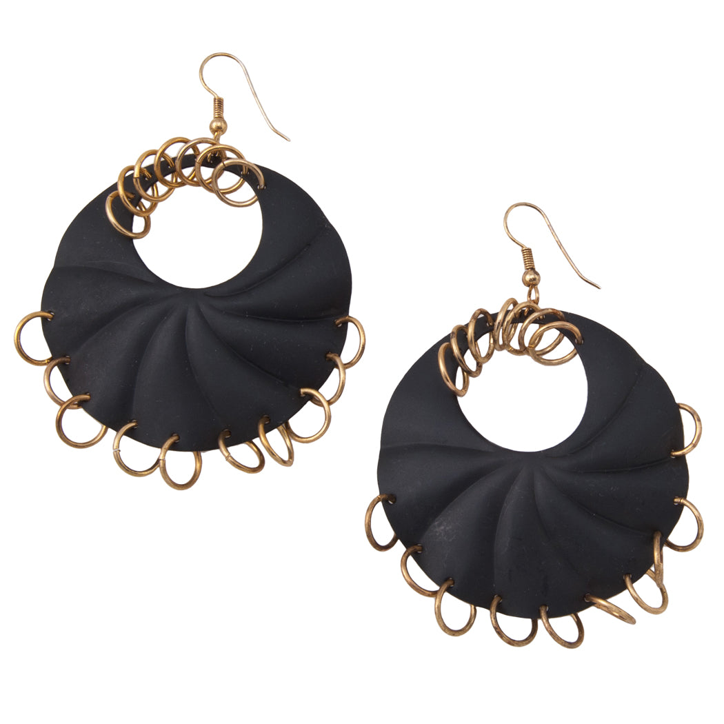 Black Hoop Pierced Earrings Gold Tone Rings Circle 3"