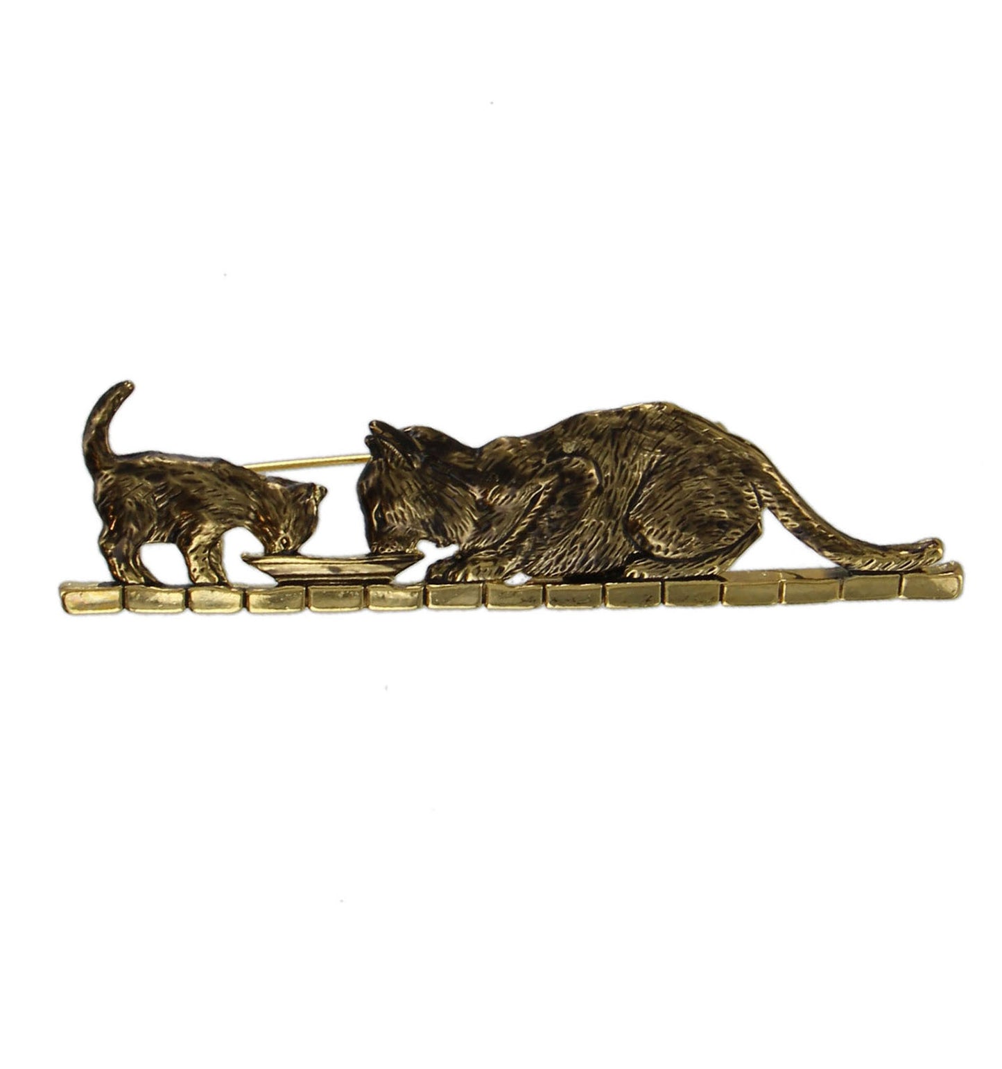 Cat and Kitten Drinking Eating Gold Tone Brooch Pin 3.5" Wide