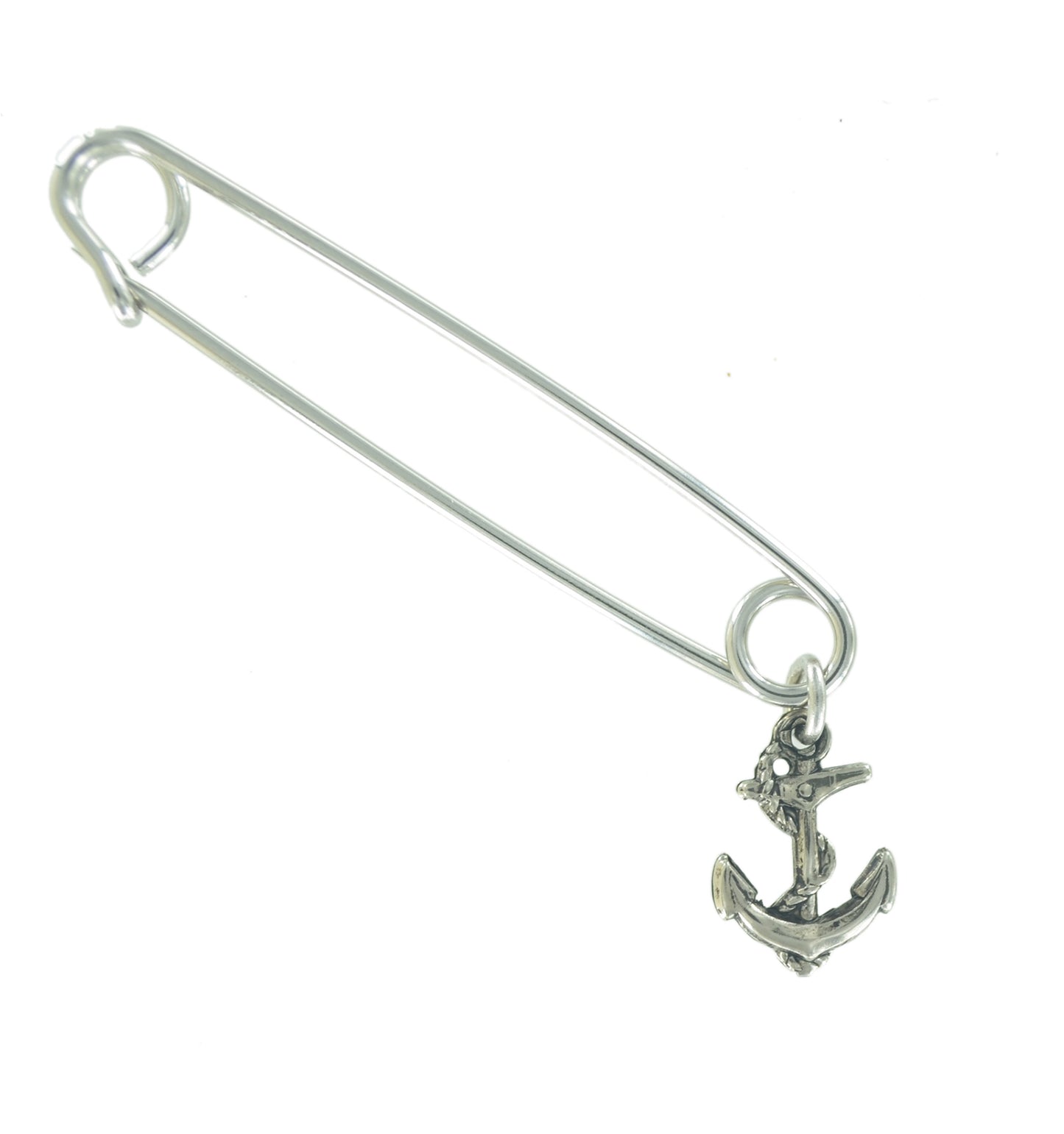 Made in USA Safety Pin Brooch Nautical Anchor Charm Silver Tone Women Jewelry 2"