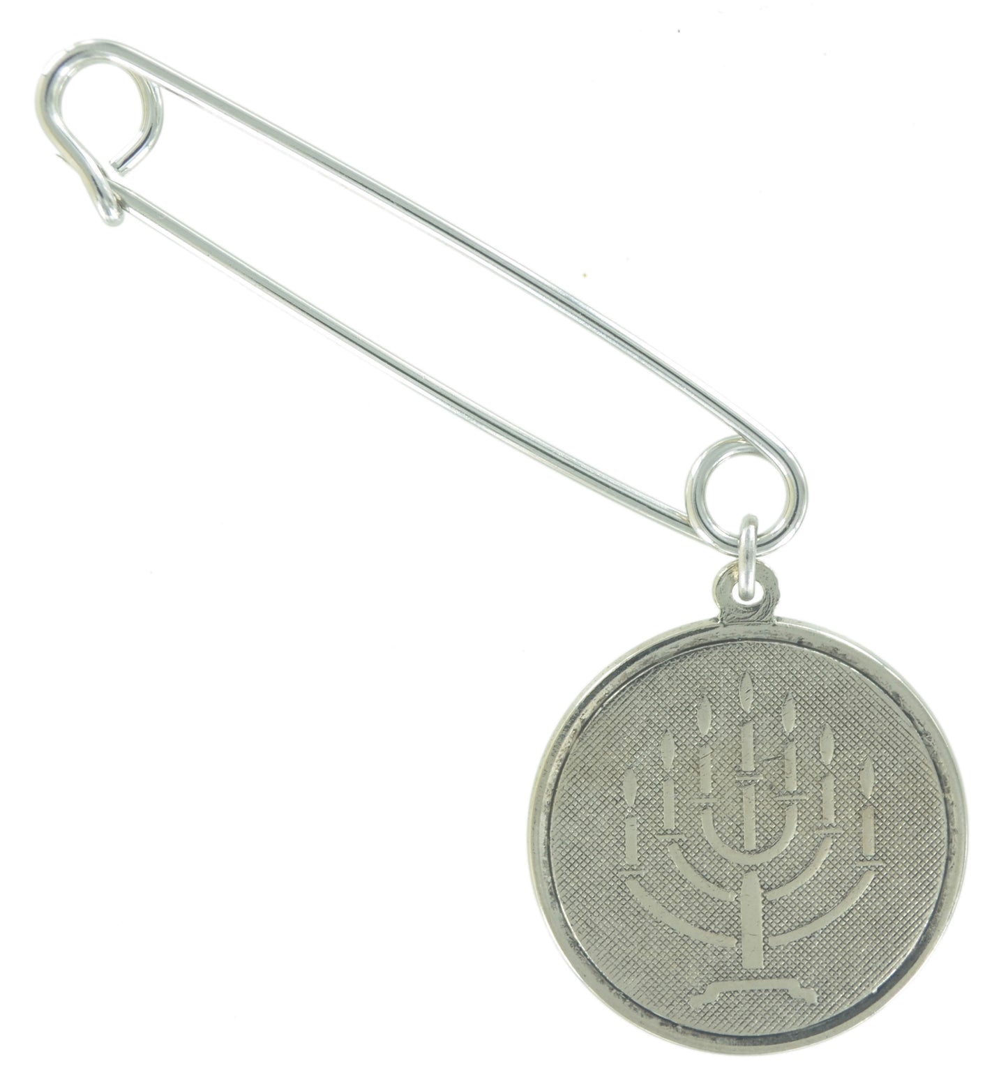 Ky & Co Made in USA Safety Pin Brooch End Menorah Symbol Charm Silver Tone  2"