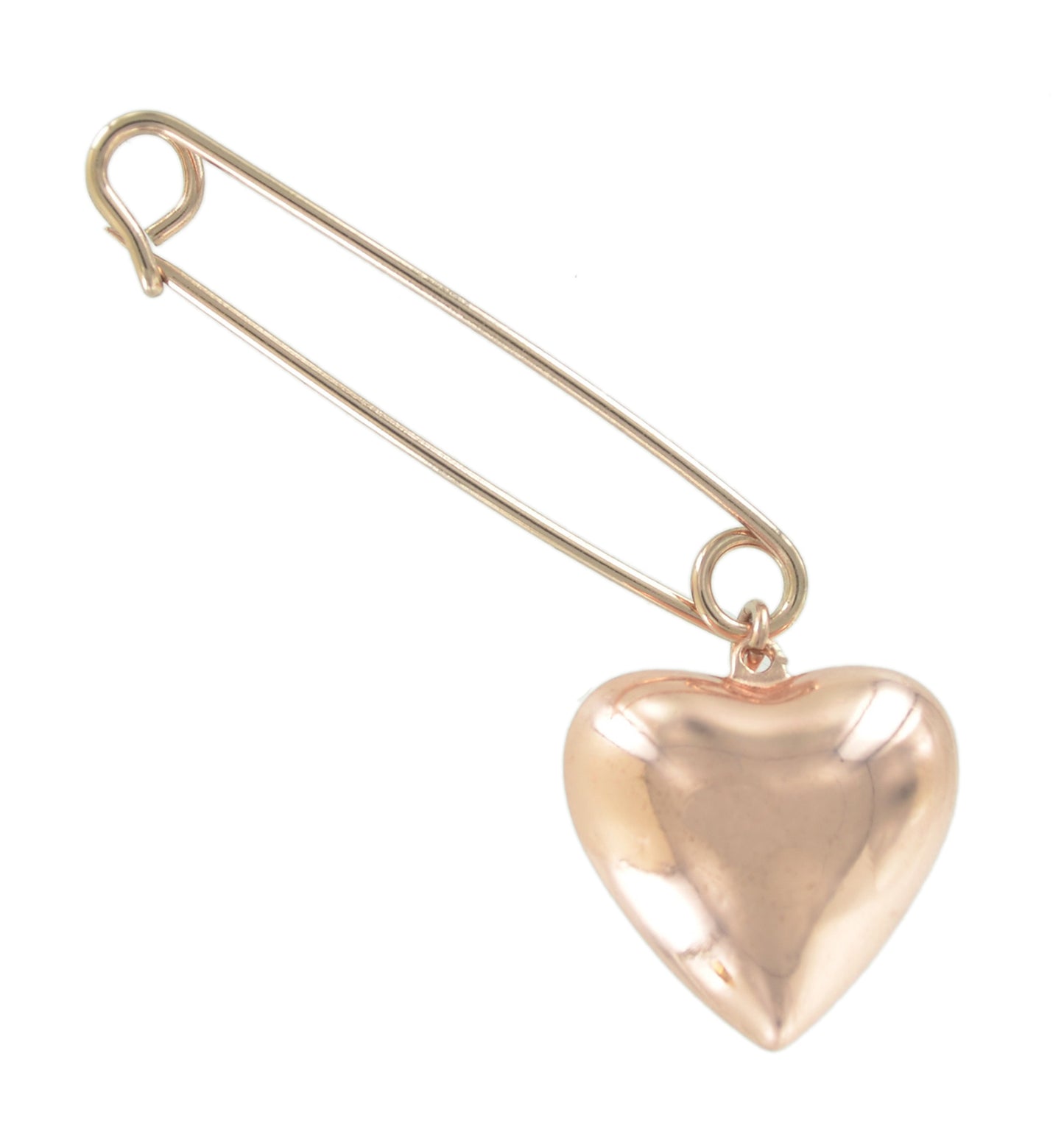 Made in USA Safety Pin Brooch Plain Puffy Heart Charm Rose Gold Tone  2"