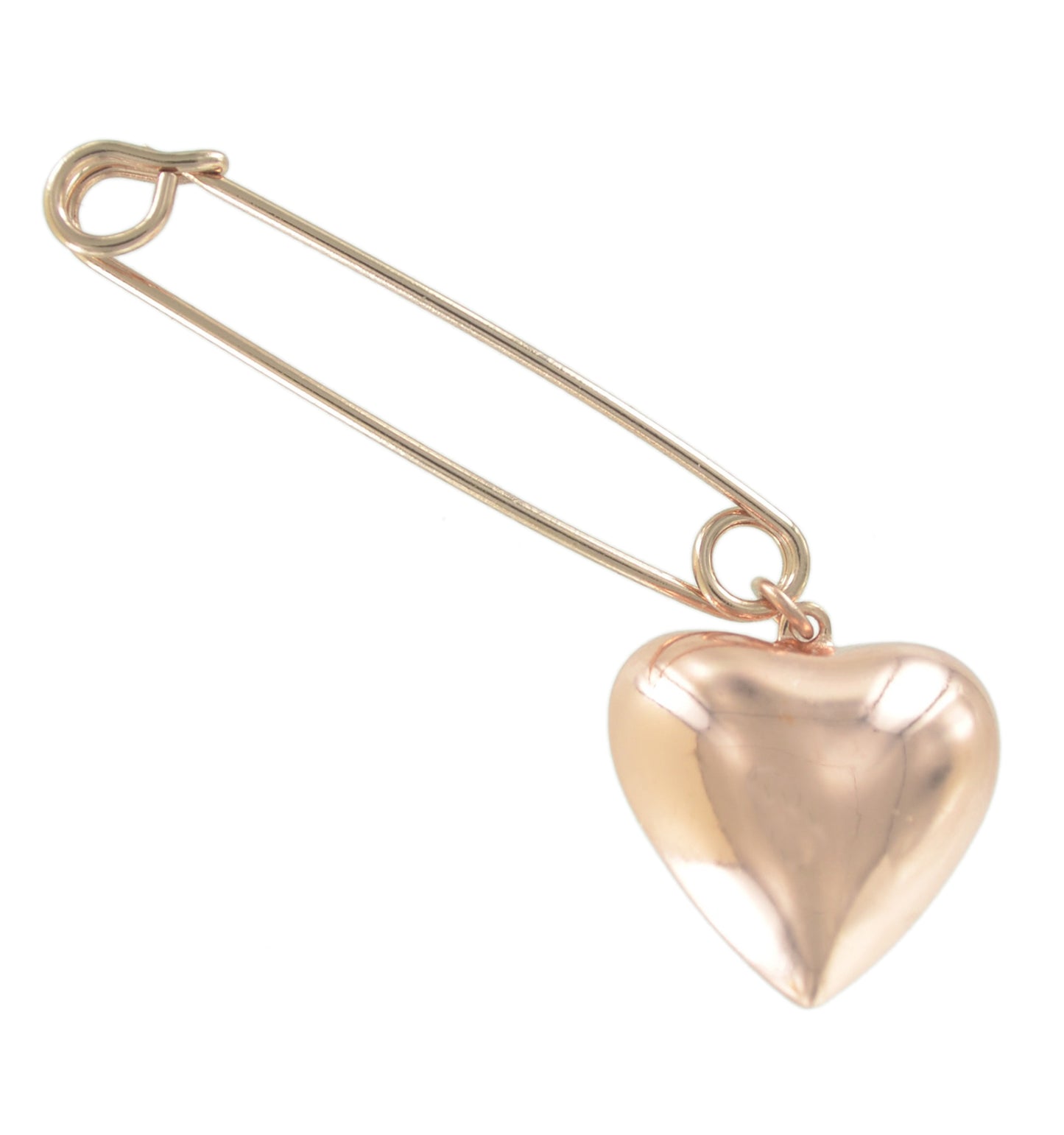 Made in USA Safety Pin Brooch Plain Puffy Heart Charm Rose Gold Tone  2"