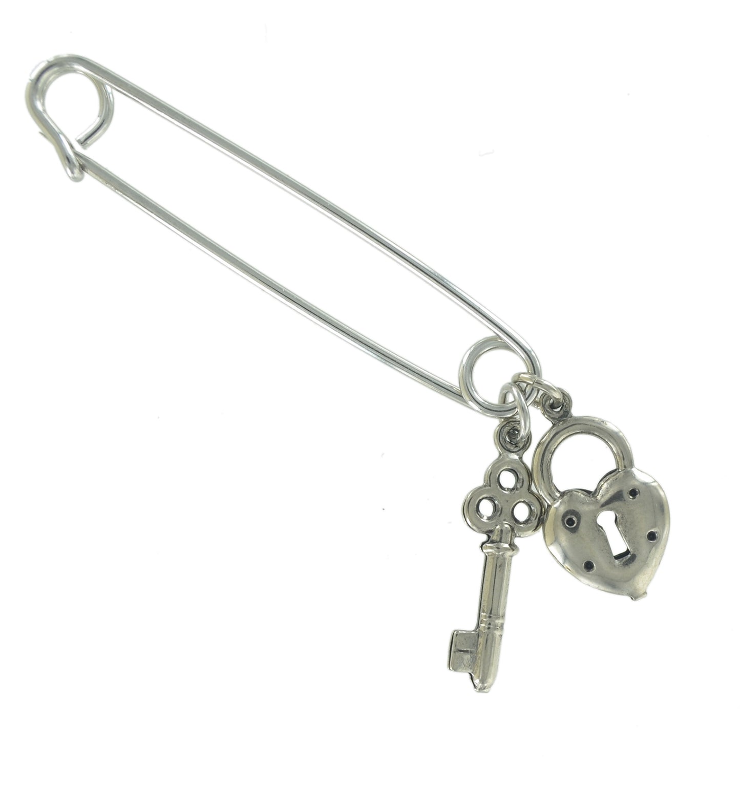 Made in USA Safety Pin Brooch Heart Key Charm Charm Silver Tone  2"