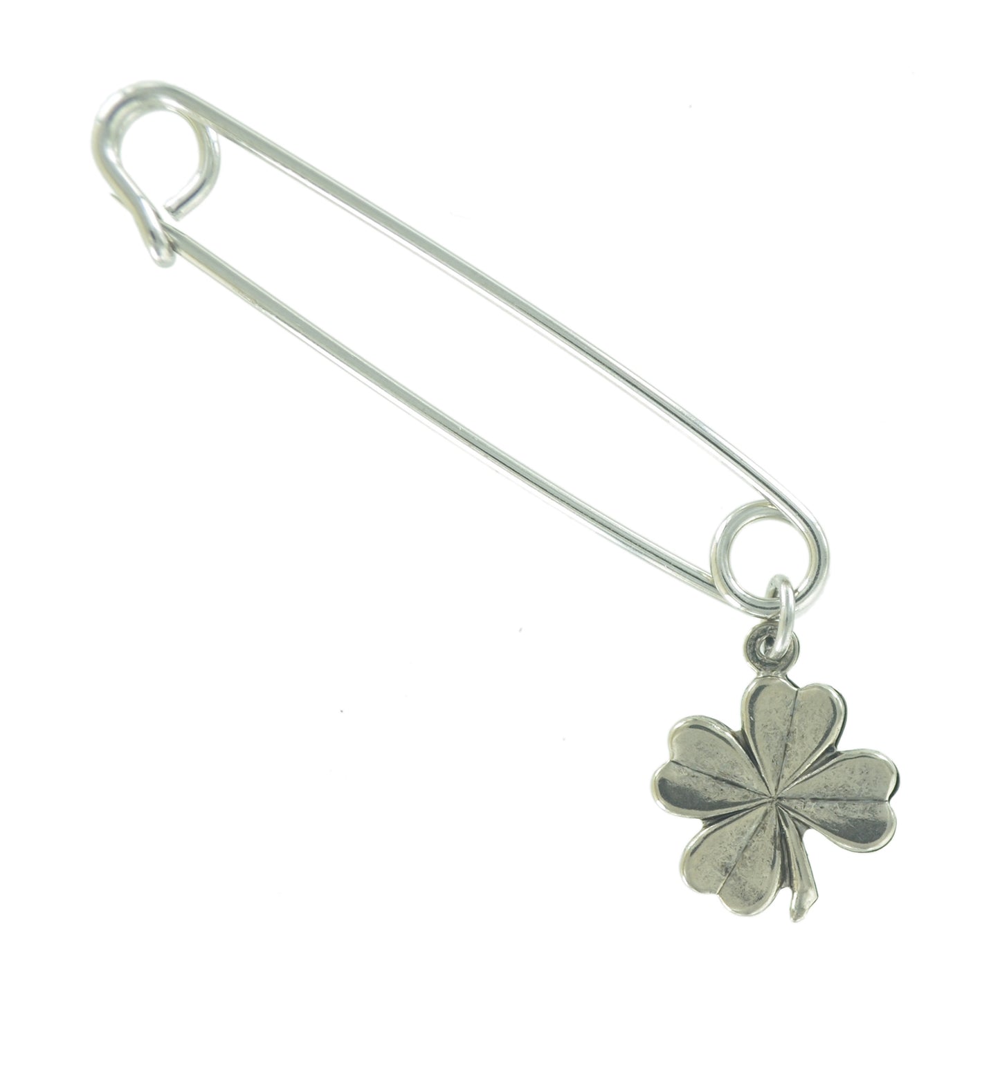 USA Lucky Safety Pin Brooch Four Leaf Clover Good Luck Charm Silver Tone  2"