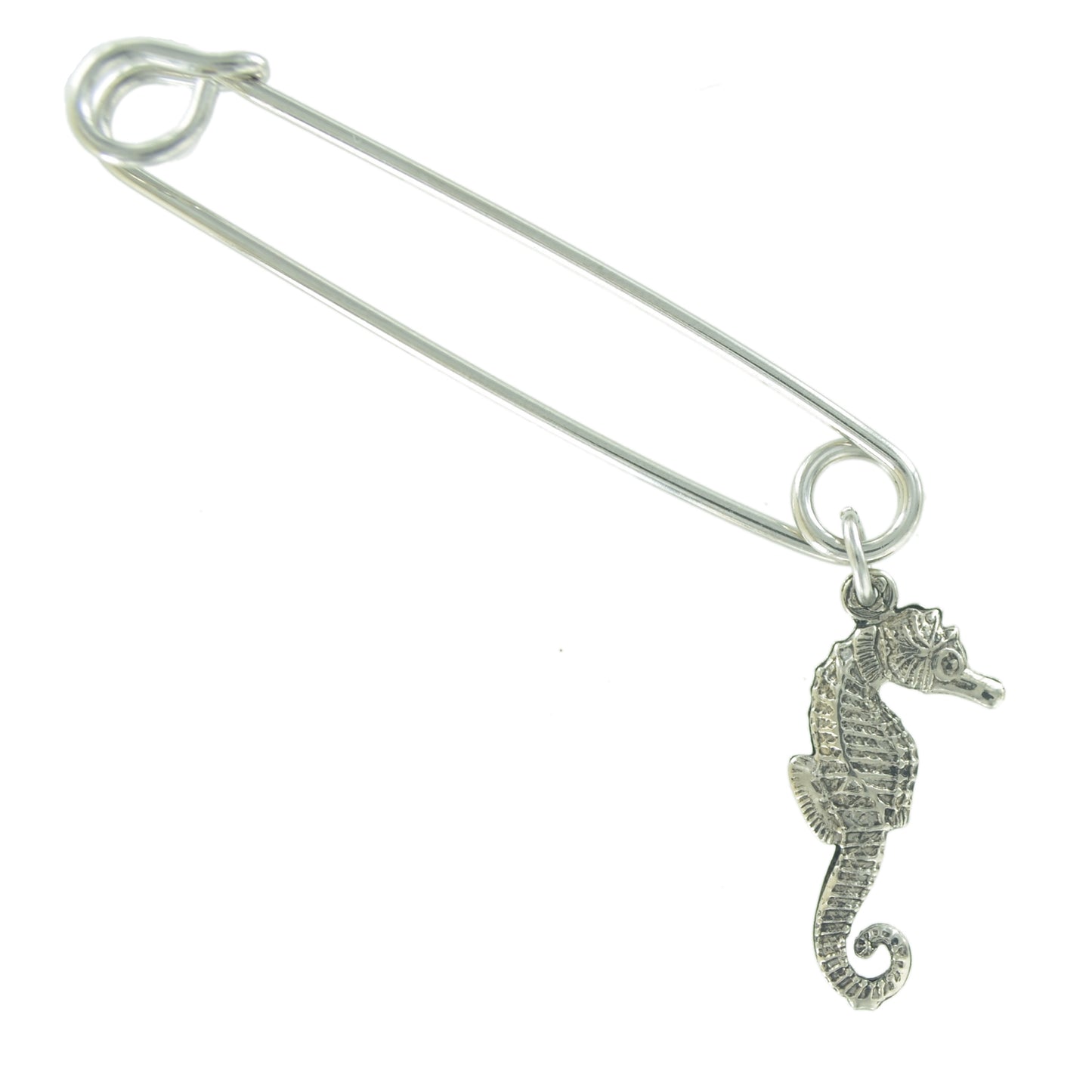 Made in USA Safety Pin Brooch Nautical Ocean Sea Horse Charm Silver Tone  2"