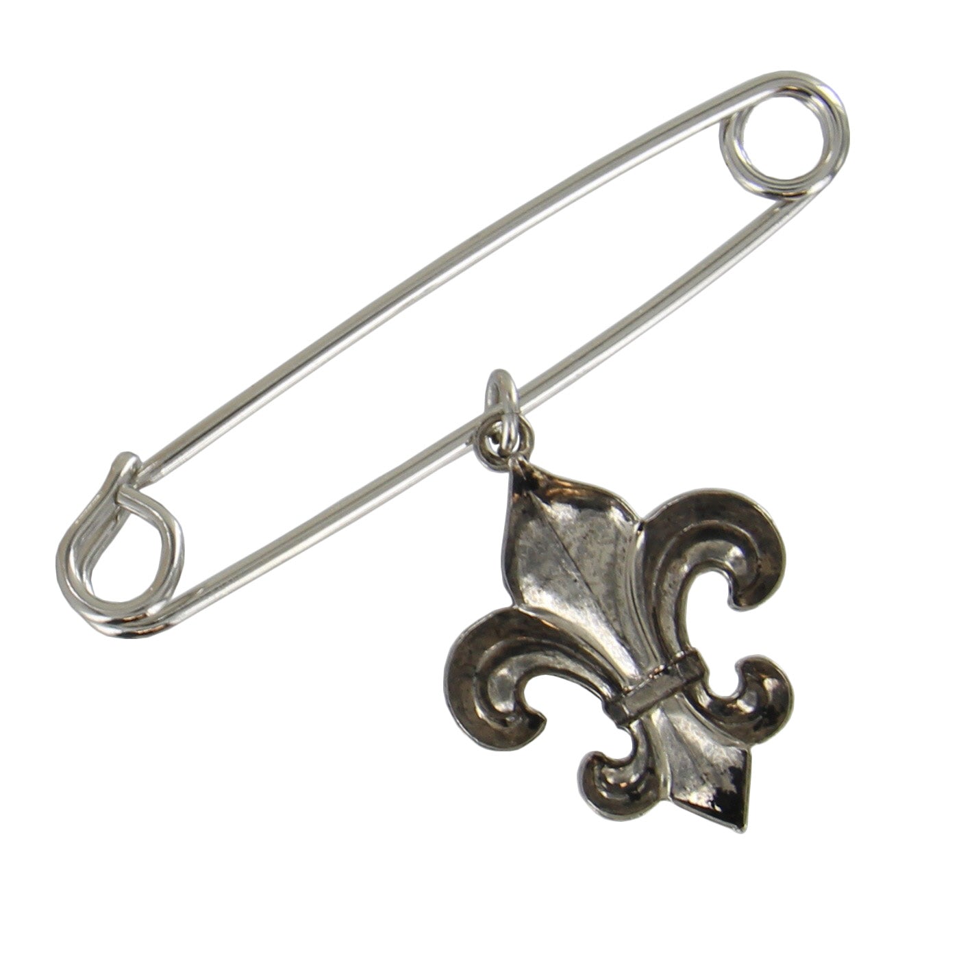 Made in USA Safety Pin Brooch Fleur de Lis Charm Silver Tone  2"