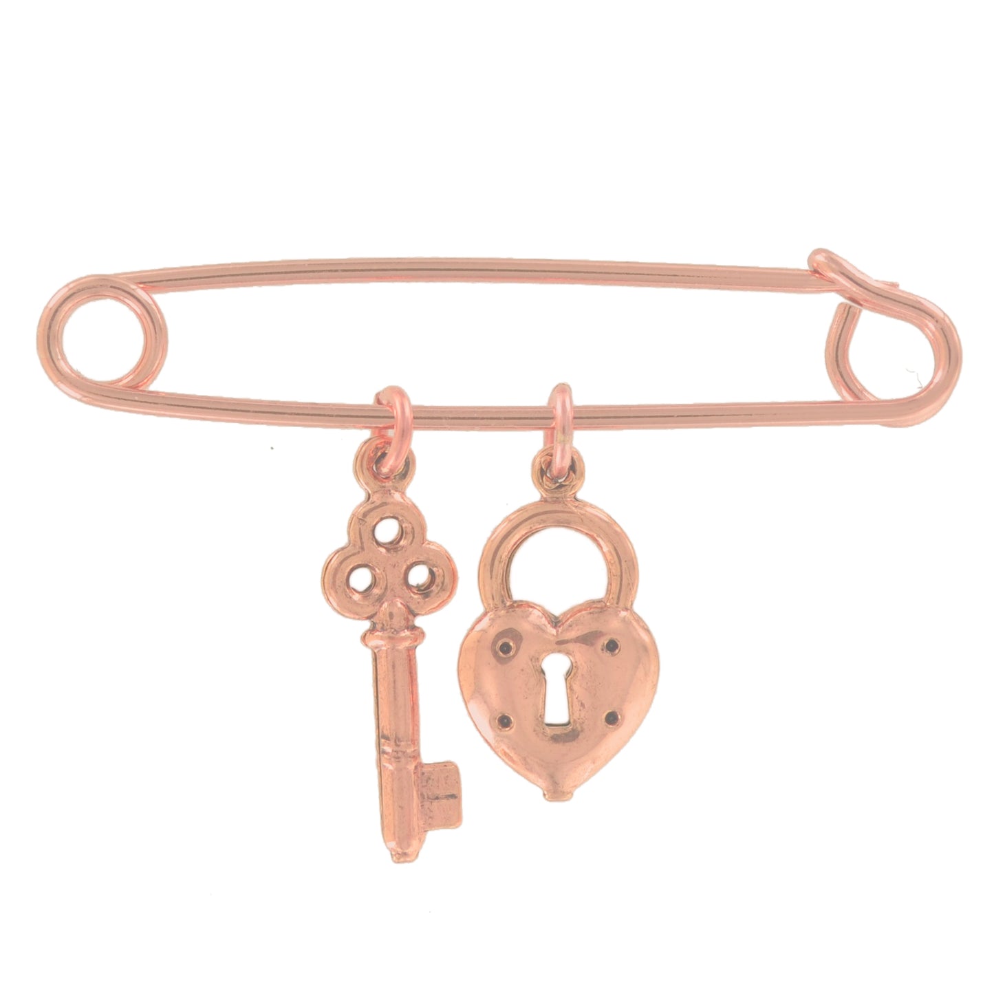 Made in USA Safety Pin Brooch Heart Key Charm Rose Gold Tone  2"