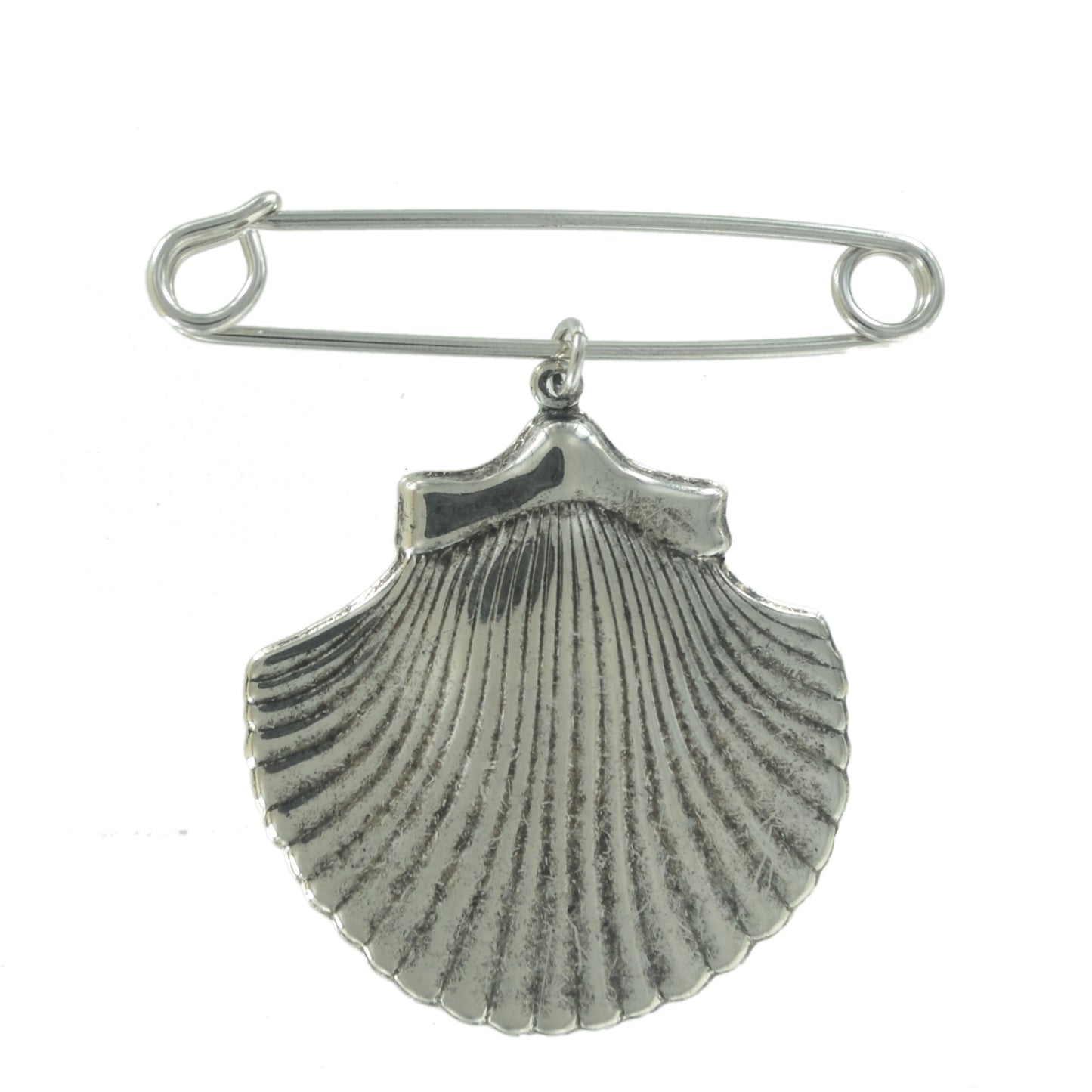 Ky & Co Made in USA Safety Pin Brooch Cockle Sea Shell Charm Silver Tone