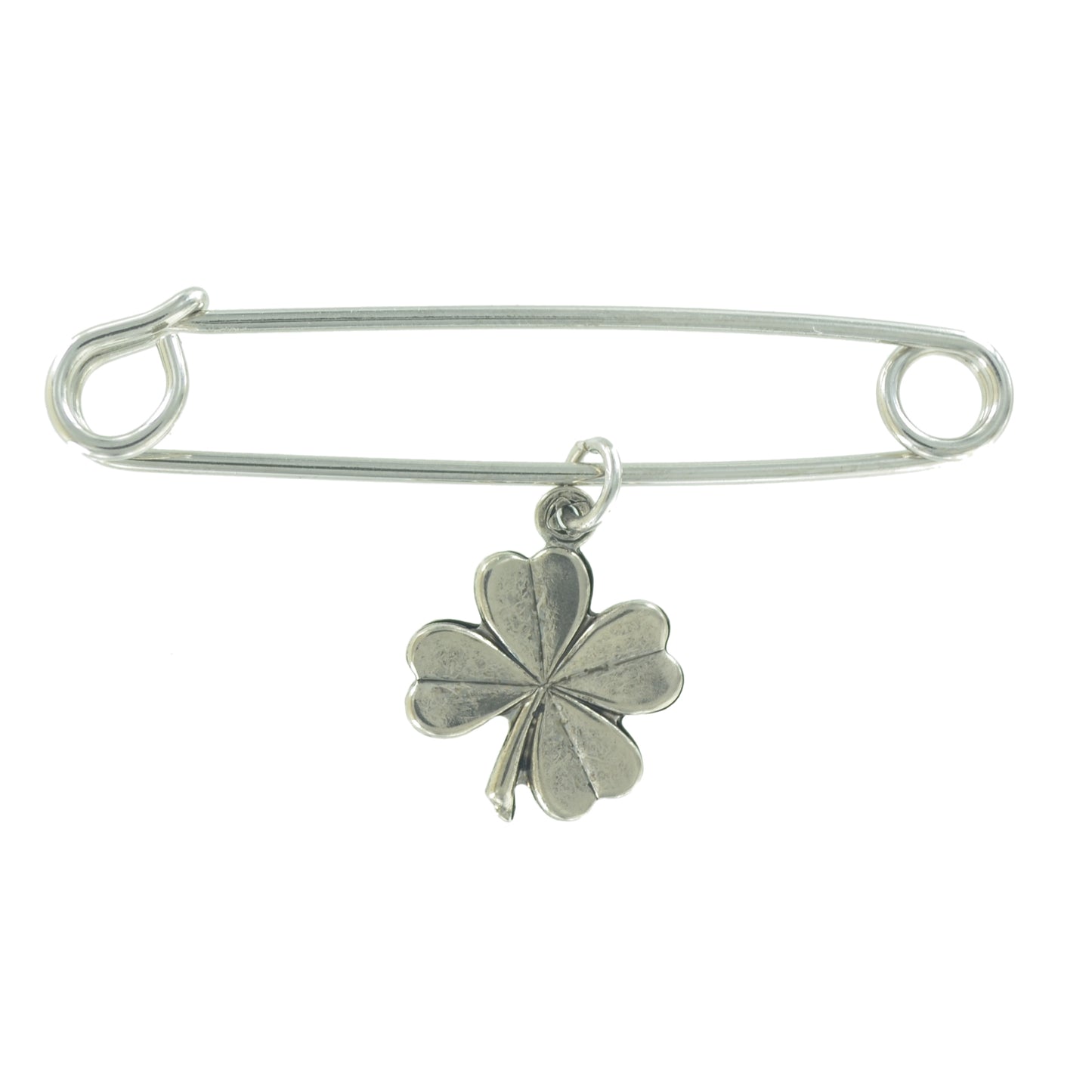 Made in USA Safety Pin Brooch Four Leaf Clover Luck Charm Silver Tone  2"