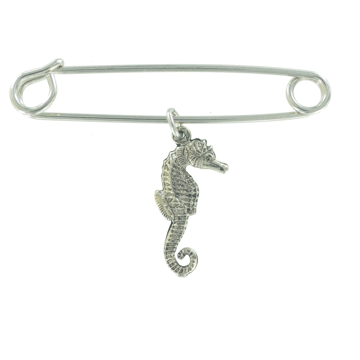Ky & Co Made in USA Safety Pin Brooch Seahorse Charm Silver Tone  2"