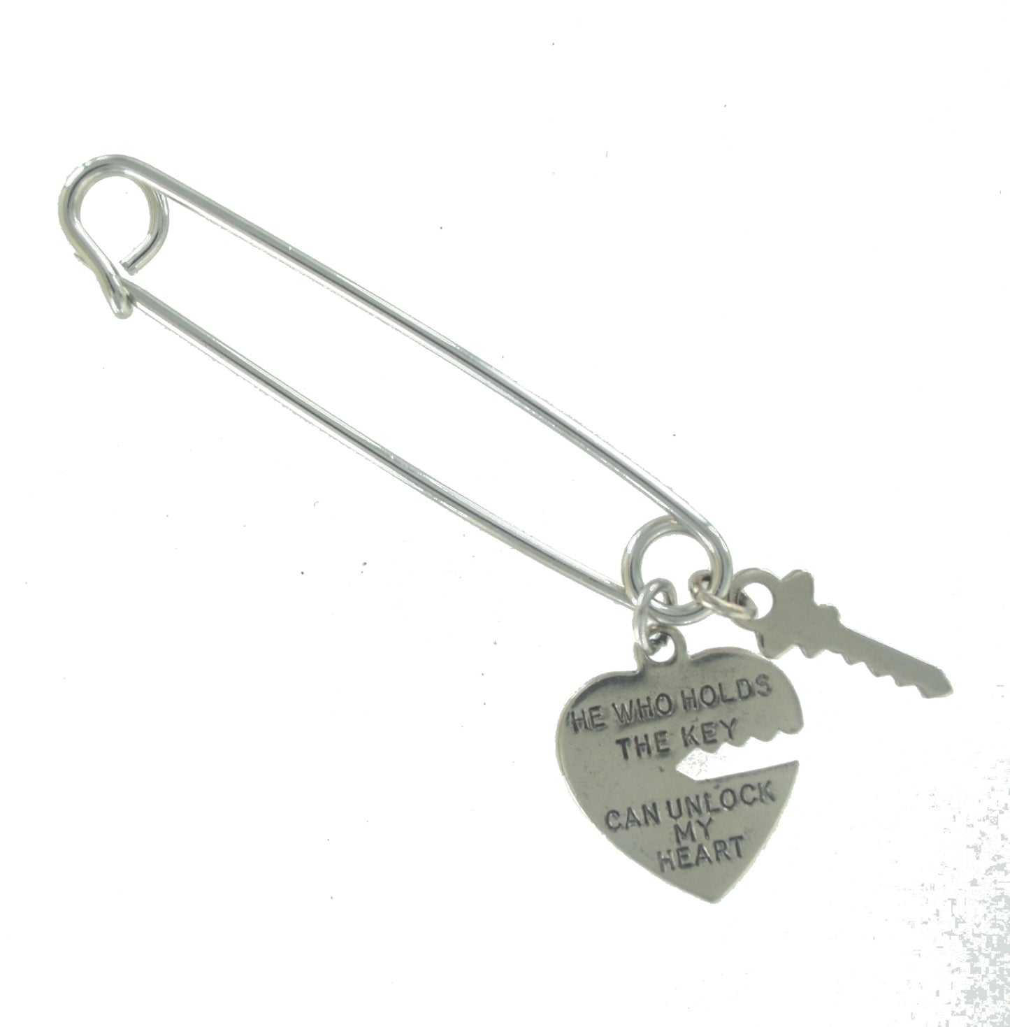 Made in USA Safety Pin Brooch Heart and Key Charms Silver Tone  2"