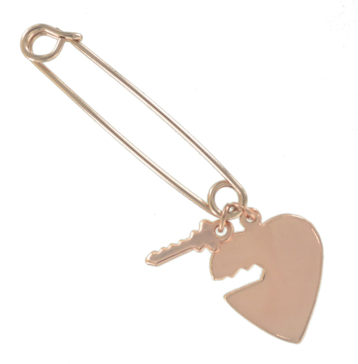 Made in USA Safety Pin Brooch Heart and Key Charms Rose Gold Tone  2"