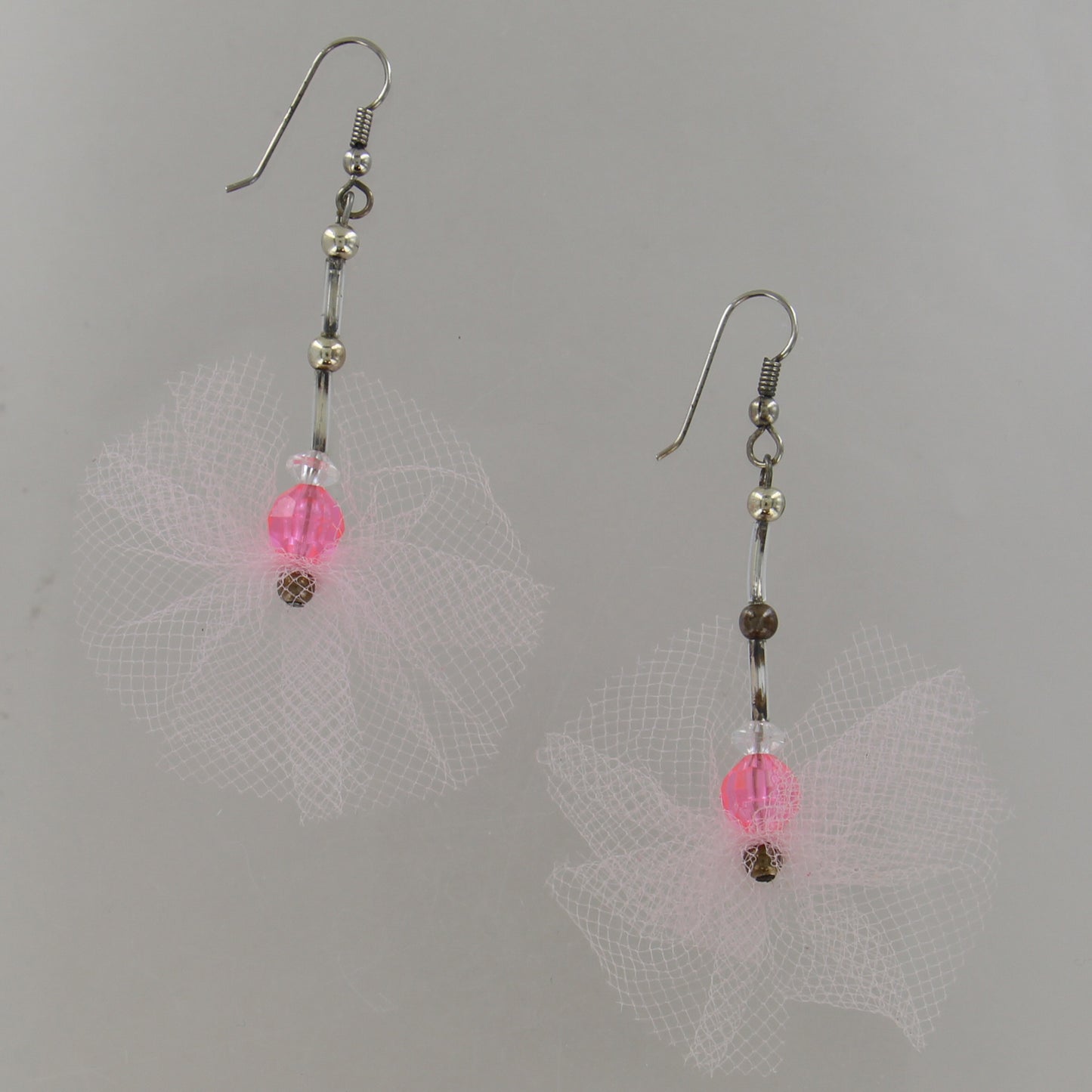 Pink Tulle Beaded Silver Tone Drop Pierced Earrings 3"