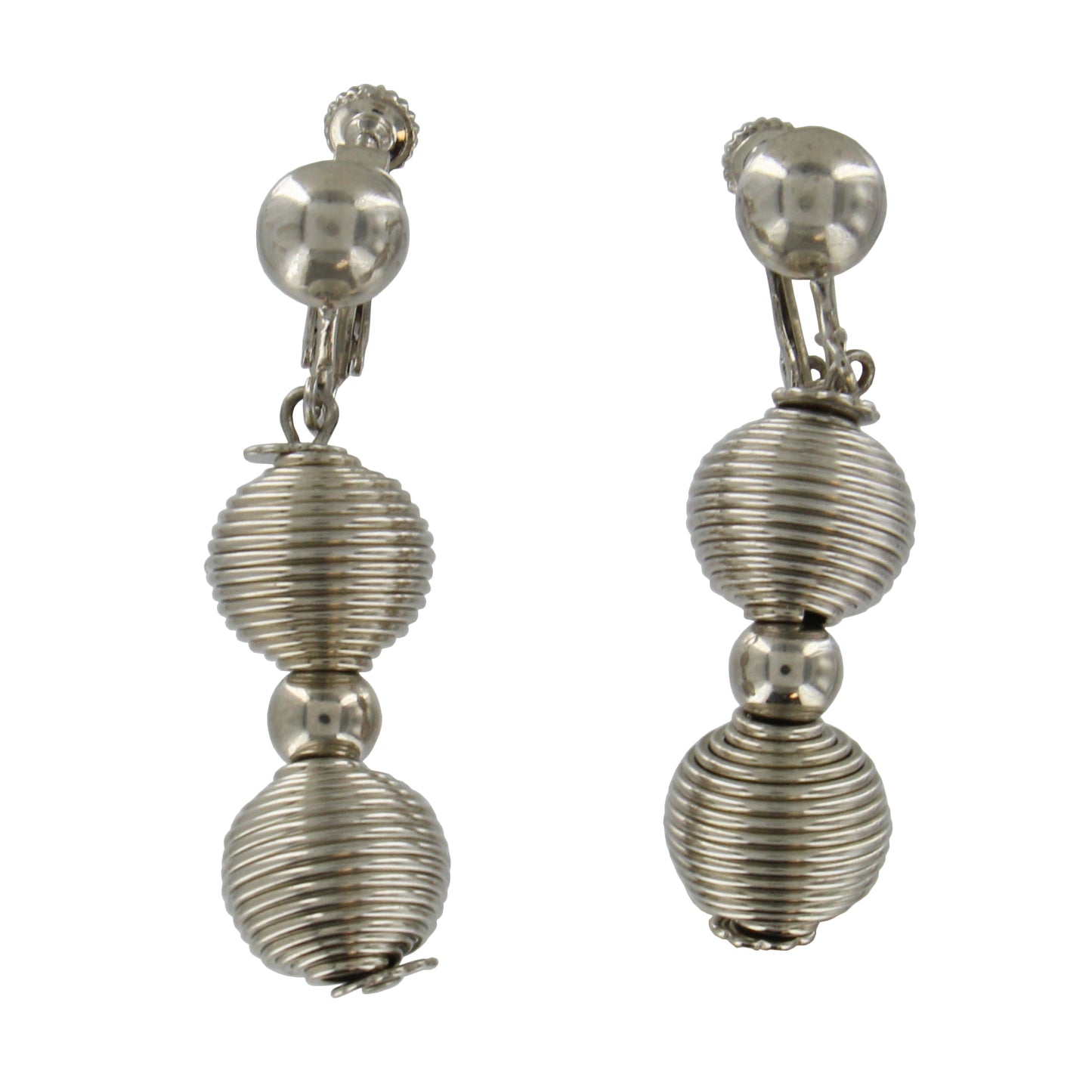 Kim Craftsmen Silver Tone Ribbed Textured Bead Screw Back Earrings 1 7/8"