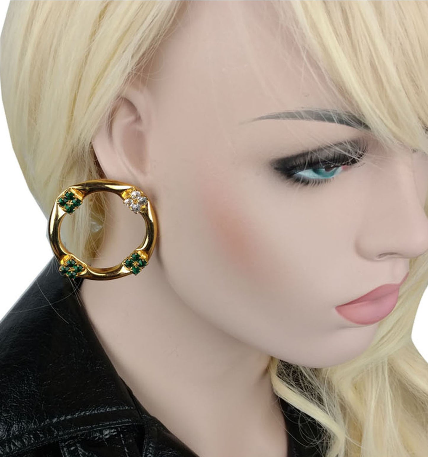 Luigi Briglia Vintage Gold Tone Green Rhinestone Pierced Hoop Earrings 2"