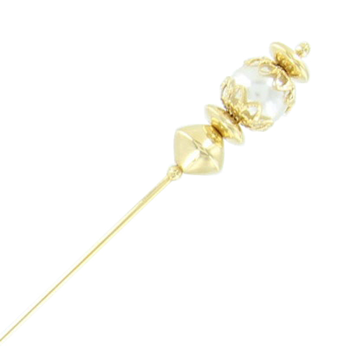 Faux Pearl Gold Tone Hat Pin Stick Suit Brooch Corsage Pin 1980s Wedding 4 1/2"