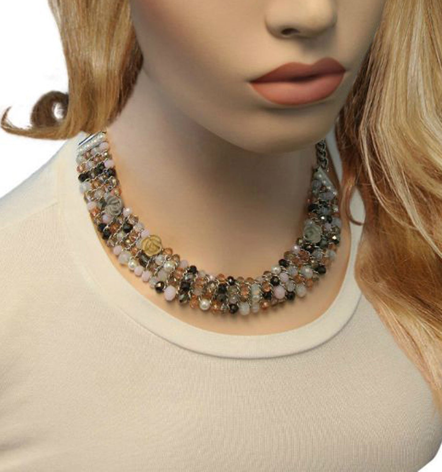 Designer Sandra Magsamen Multi Strand Pink Gray Faux Pearl Collar Necklace 21.5"
