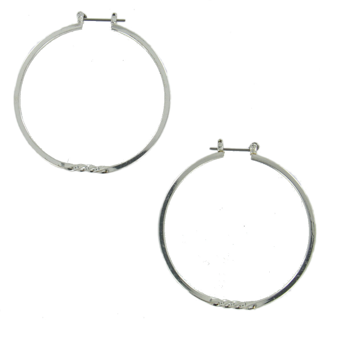 Silver Tone Snap Down Pierced Hoop Earrings Twisted Design 2"