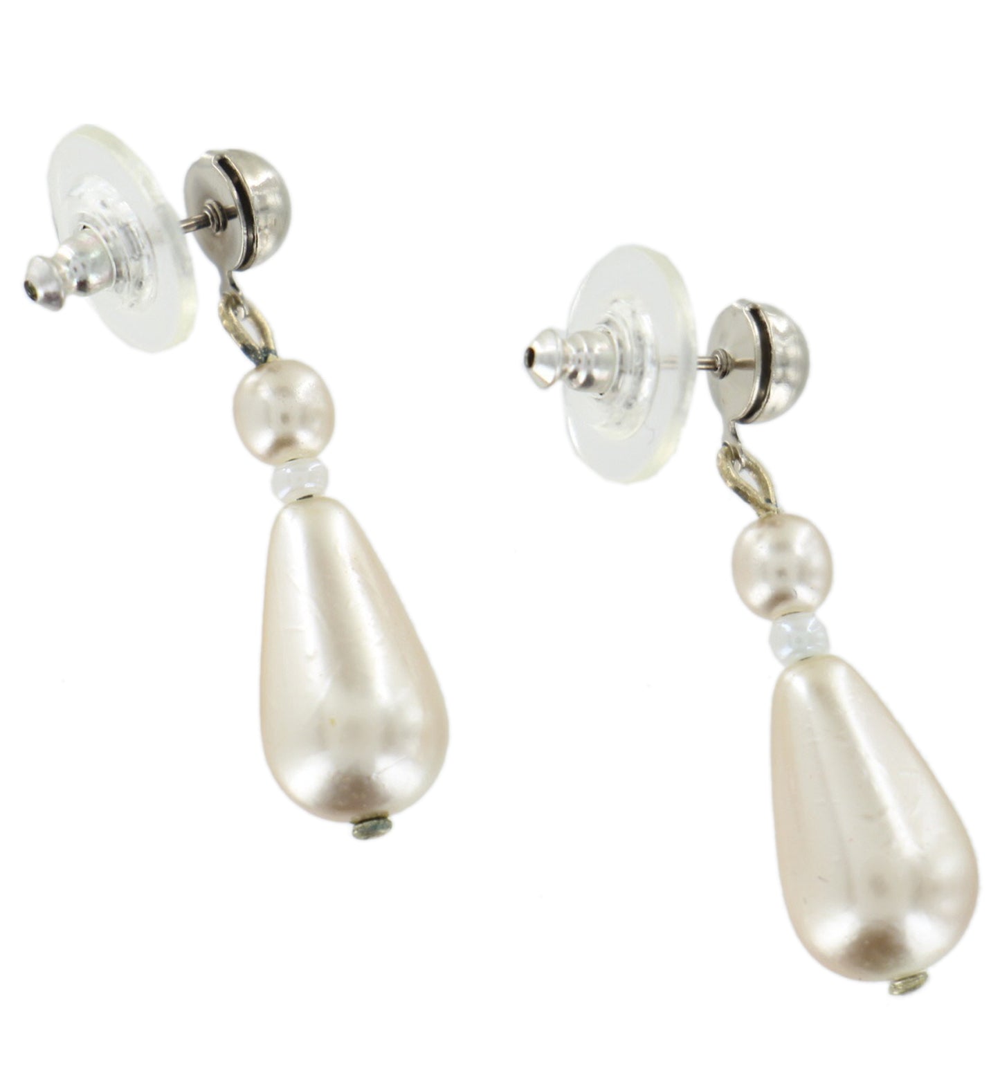 Faux Pearl Teardrop Dangle Drop Earrings Bohemian Glass Silver Tone 1 3/8"