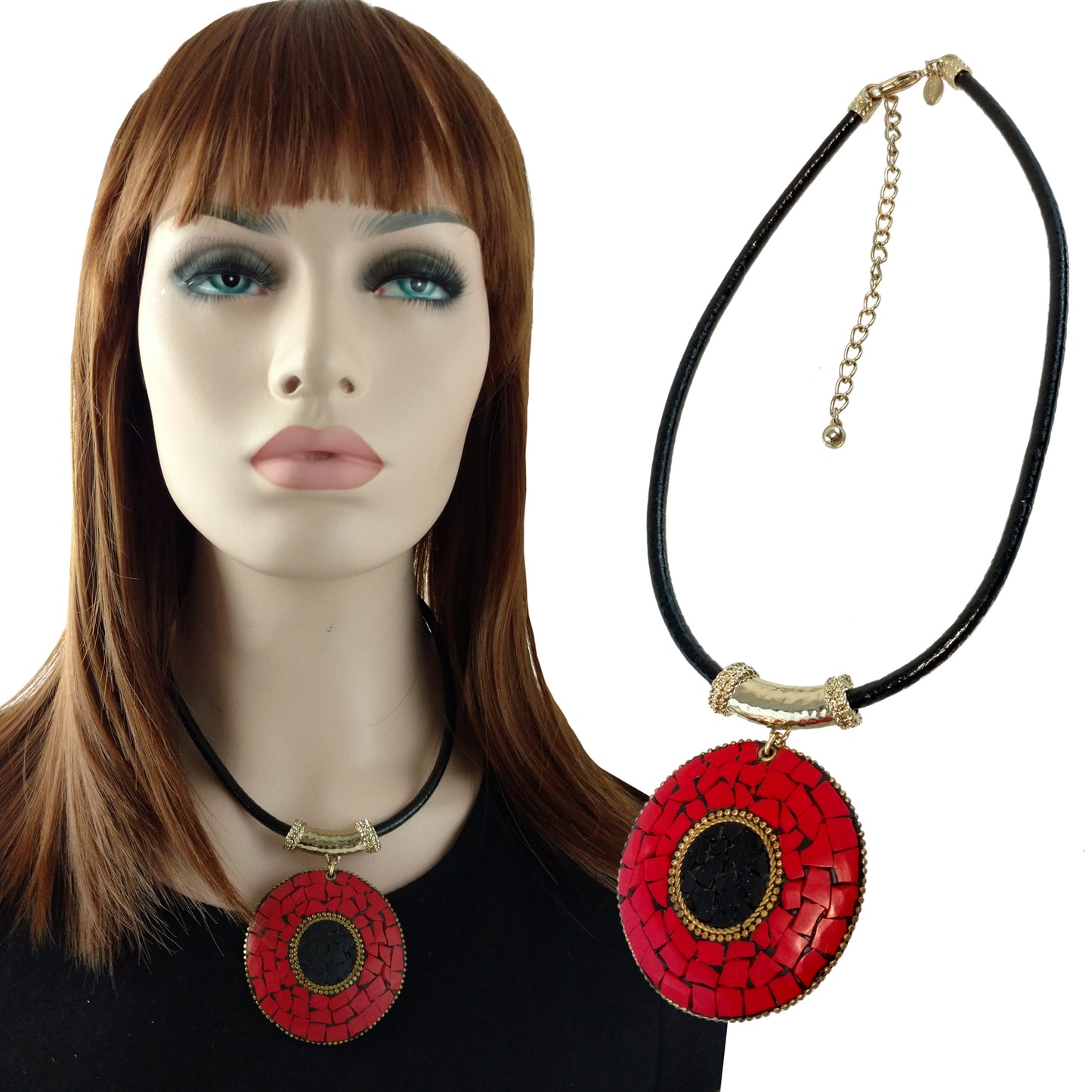 Chicos Mosiac Red and Black Asian Inspired Statement Pendant Necklace