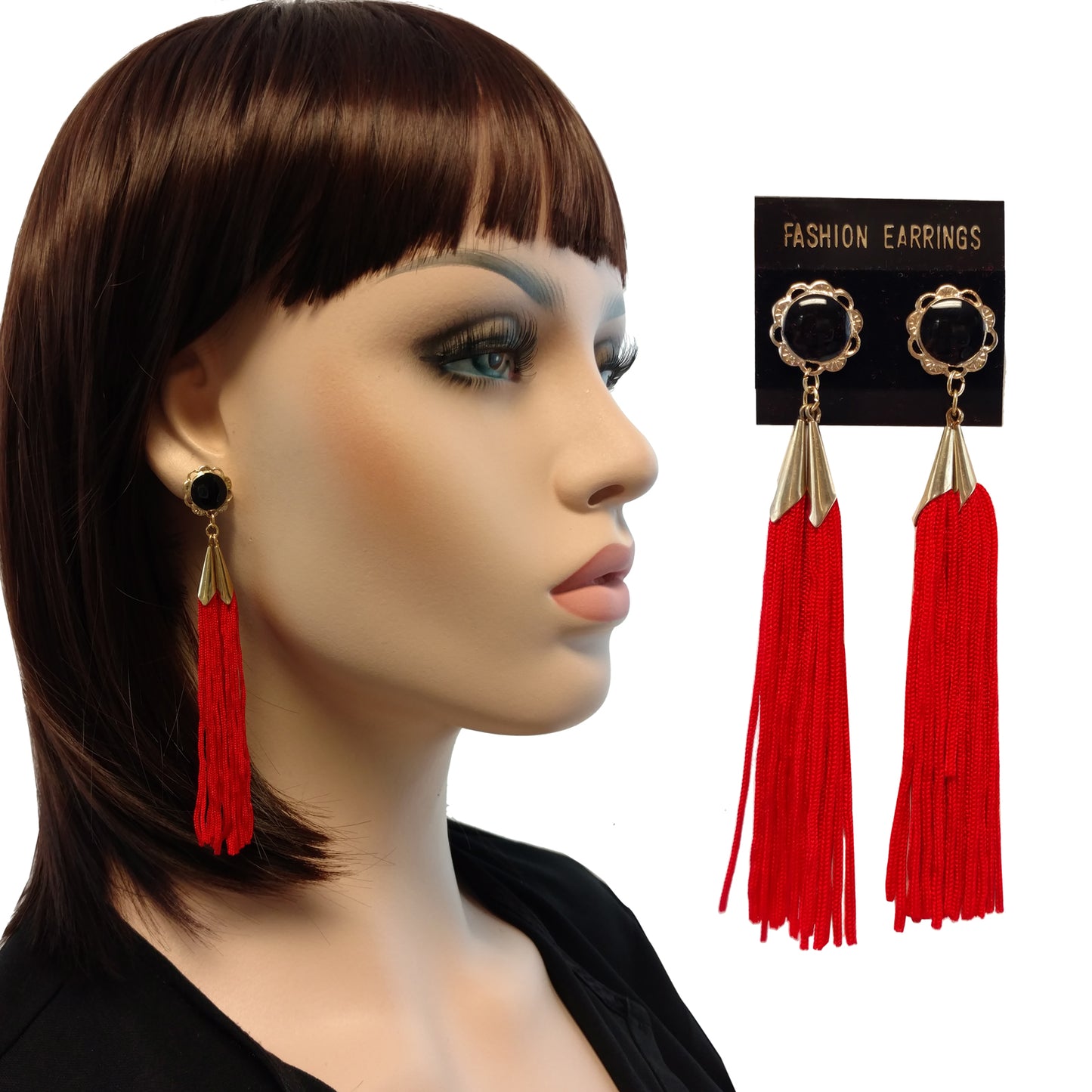 Long Red Tassel Pierced Earrings  3 3/4"