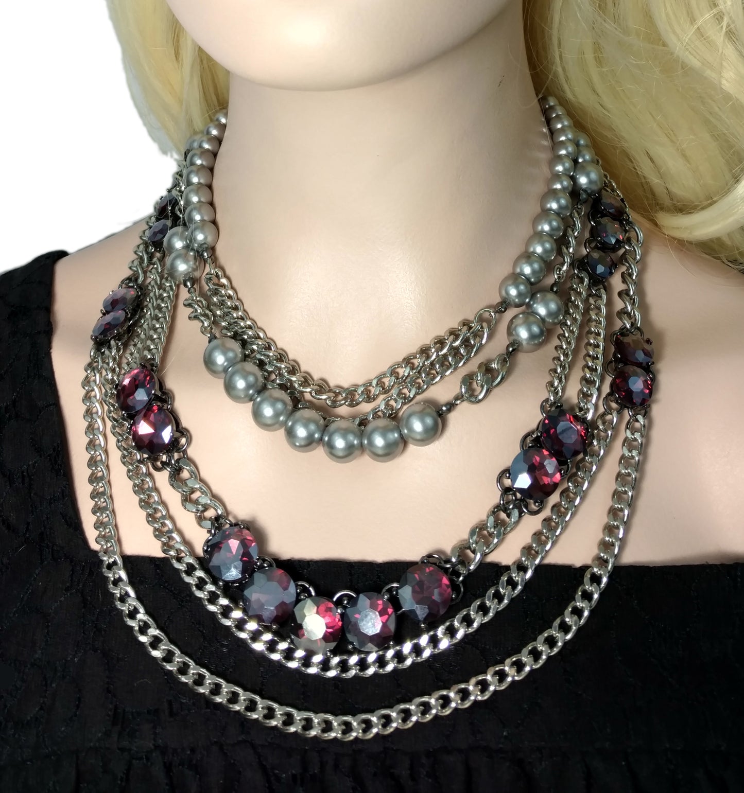 RSVP Purple Crystal Faux Pearl Beaded Multi Strand Layered Curb Chain Necklace