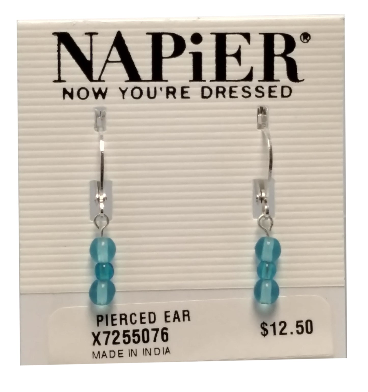 Napier Dainty Light Blue Beaded Dangle Leverback Pierced Earrings Silver Tone