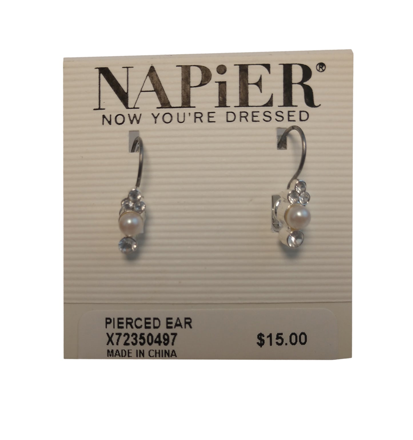 Napier Silver Tone Rhinestone Faux Pearl Dangle LeverBack Pierced Earrings
