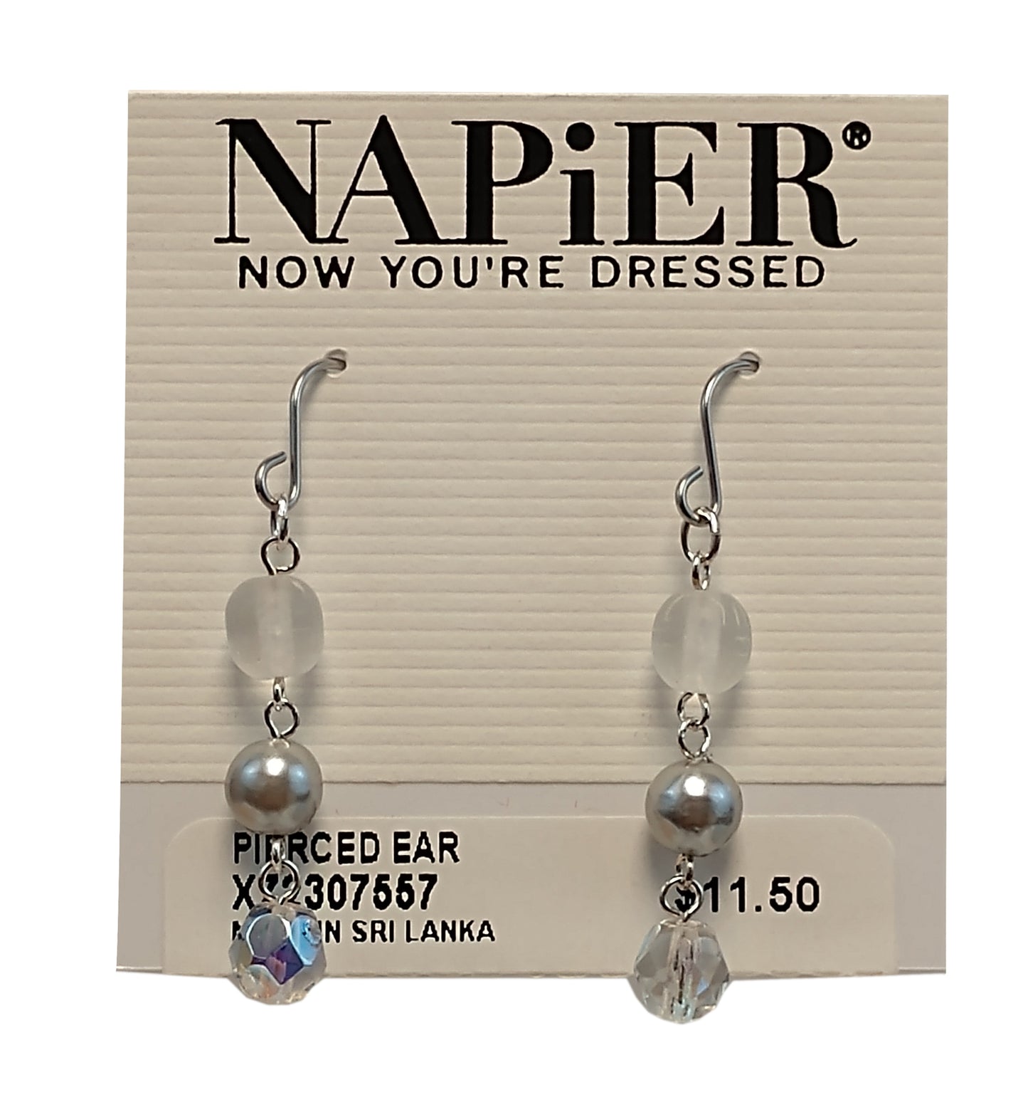 Napier Silver Tone Beaded Faux Pearl & Crystal Dangle  Pierced Earrings 1.5"