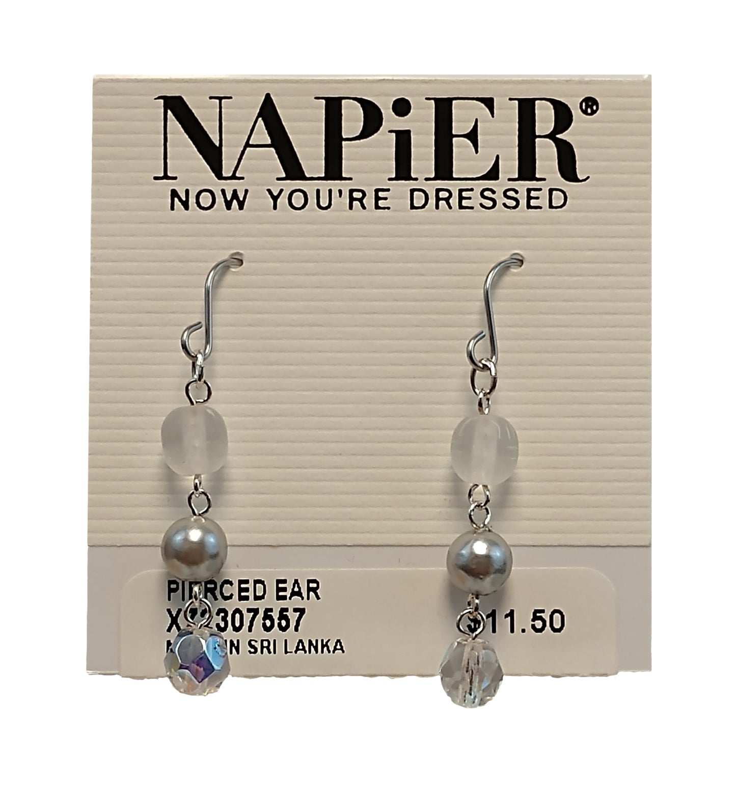 Napier Silver Tone Beaded Faux Pearl & Crystal Dangle  Pierced Earrings 1.5"