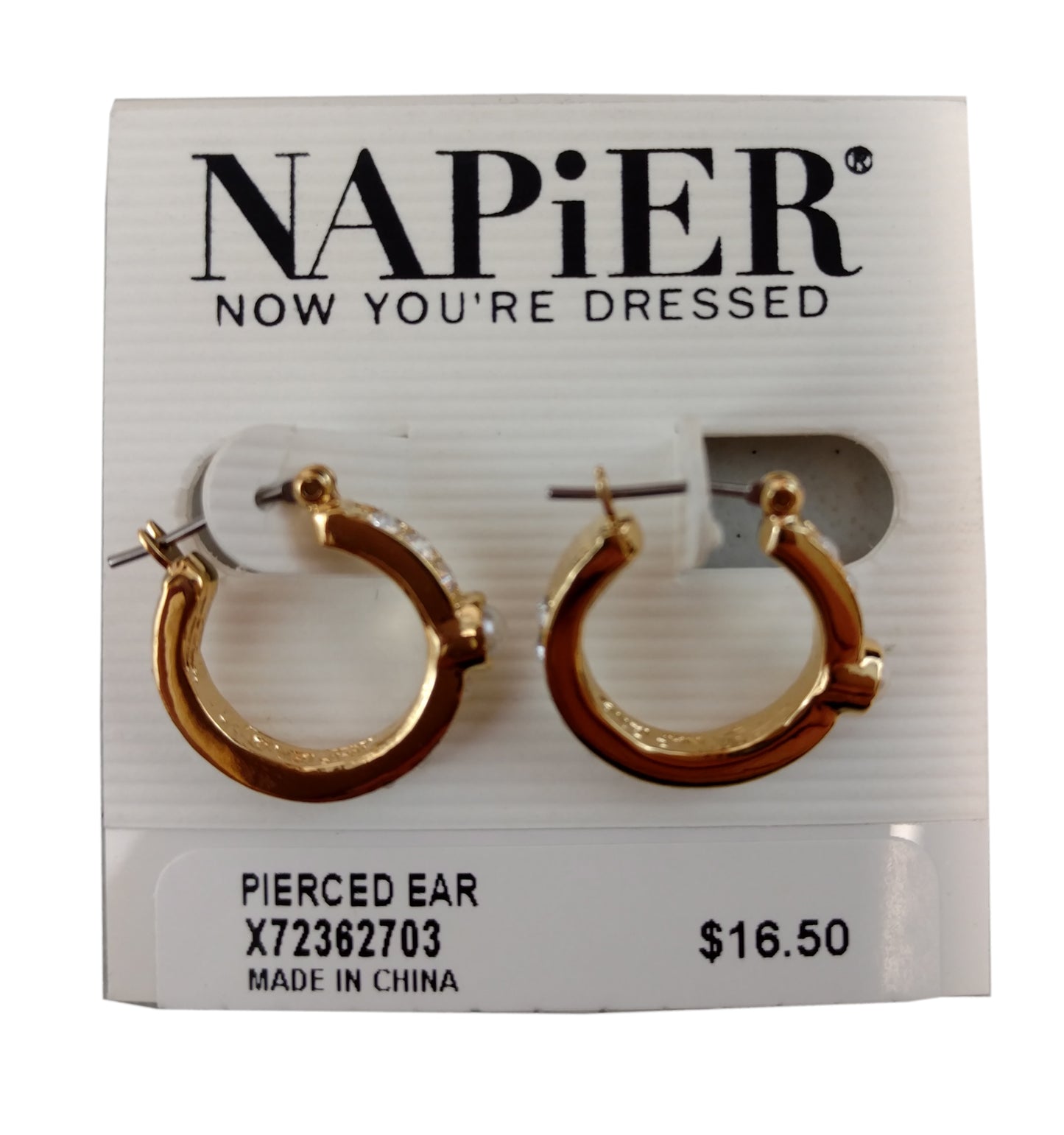 Napier Faux Pearl Rhinestone Gold Tone Hoop Pierced Earrings 5/8"