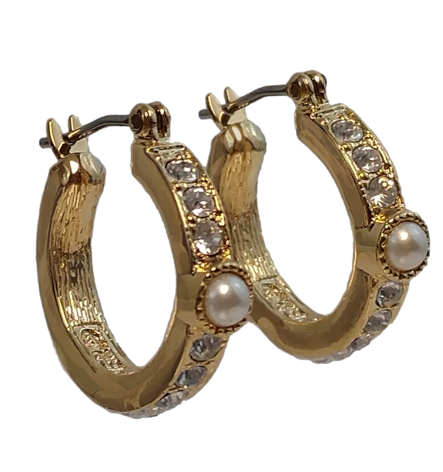 Napier Faux Pearl Rhinestone Gold Tone Hoop Pierced Earrings 5/8"