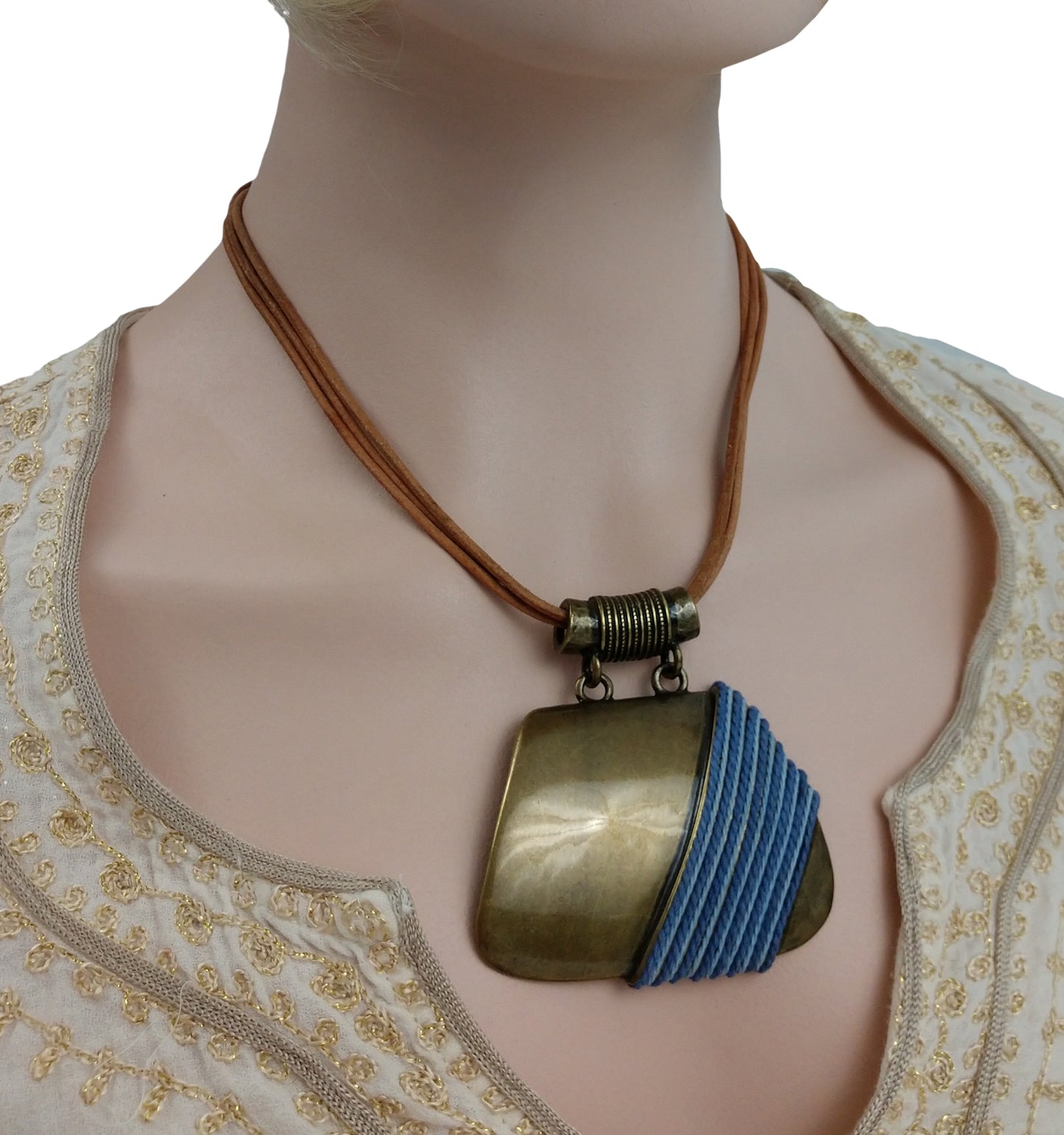 Chicos Boho Brass Blue String Accented Pendant Necklace NWOT