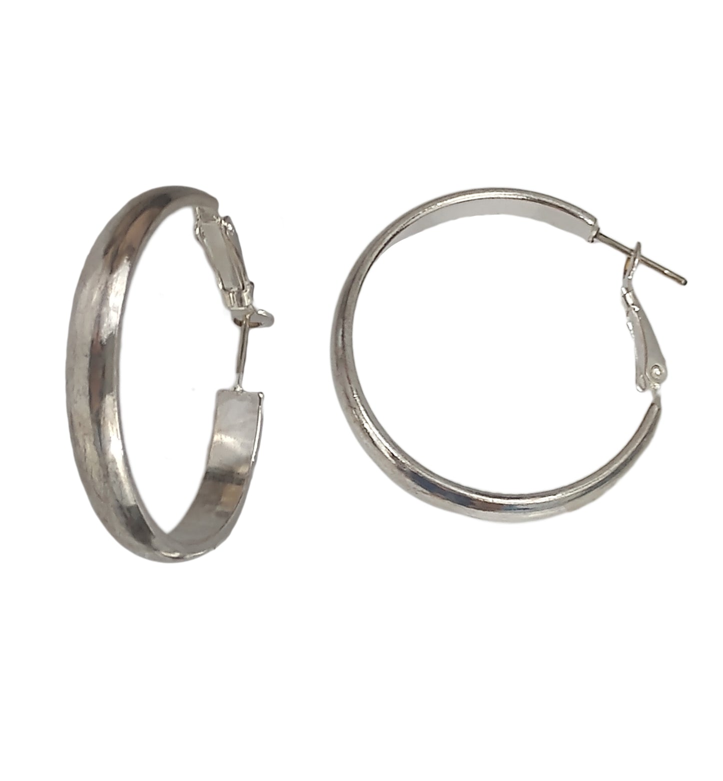 Silver Tone Plain Rounded Metal Pierced Earrings 1 3/8" Hoops