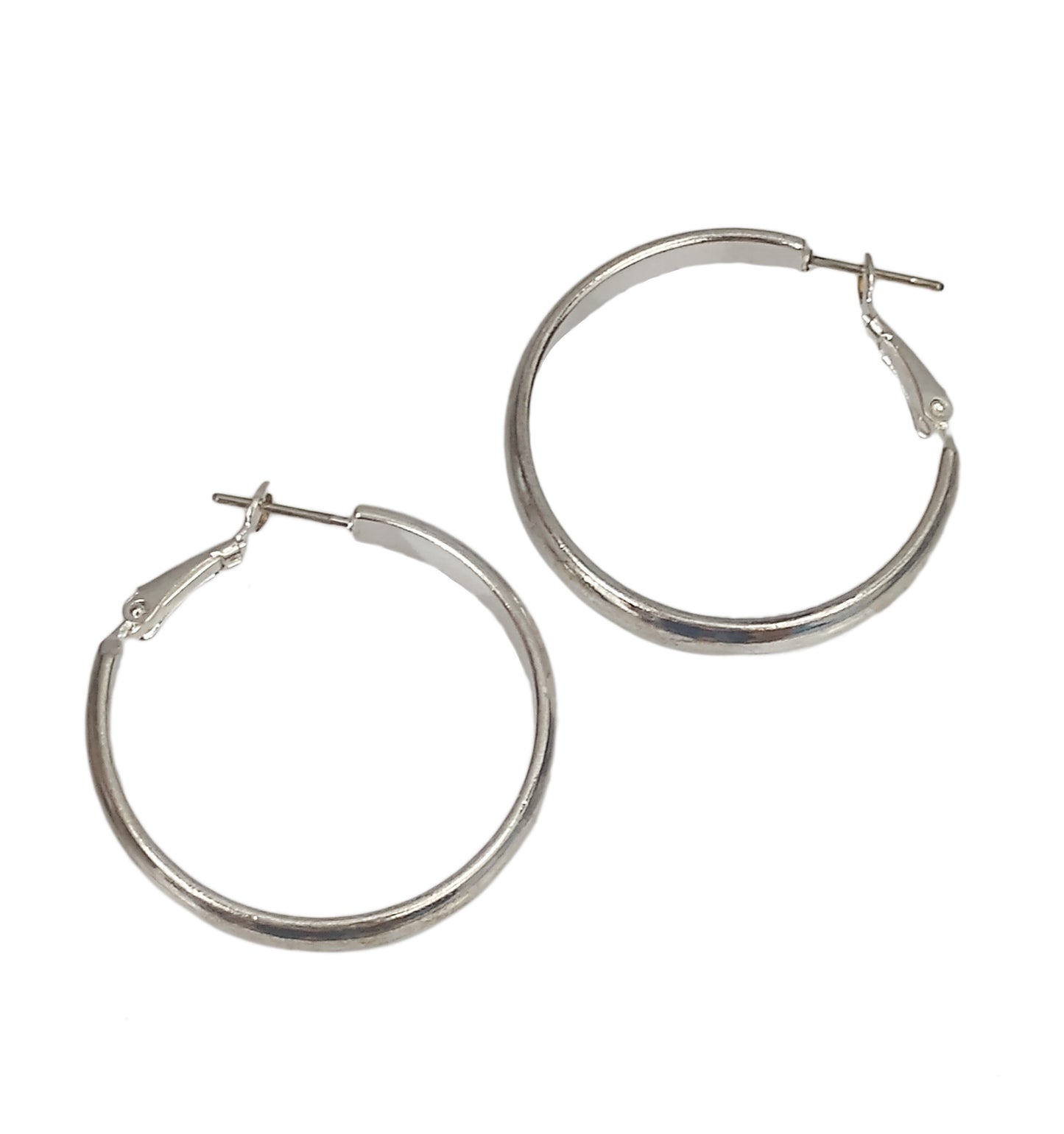Silver Tone Plain Rounded Metal Pierced Earrings 1 3/8" Hoops